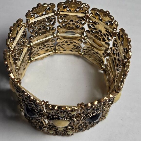 Ornate Filigree 3" Wide Cuff Bracelet Black Cream Cabachons Rhinestone Bollywood - Picture 4 of 10